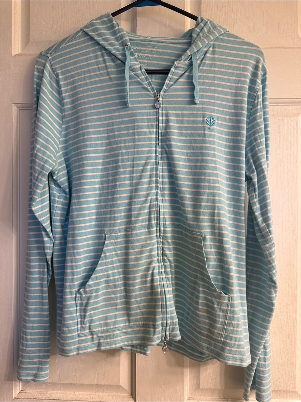 Coolibar Light Aqua and White Striped Hoodie